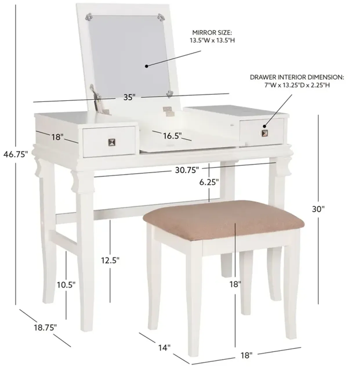 Linon Angela White Vanity Set