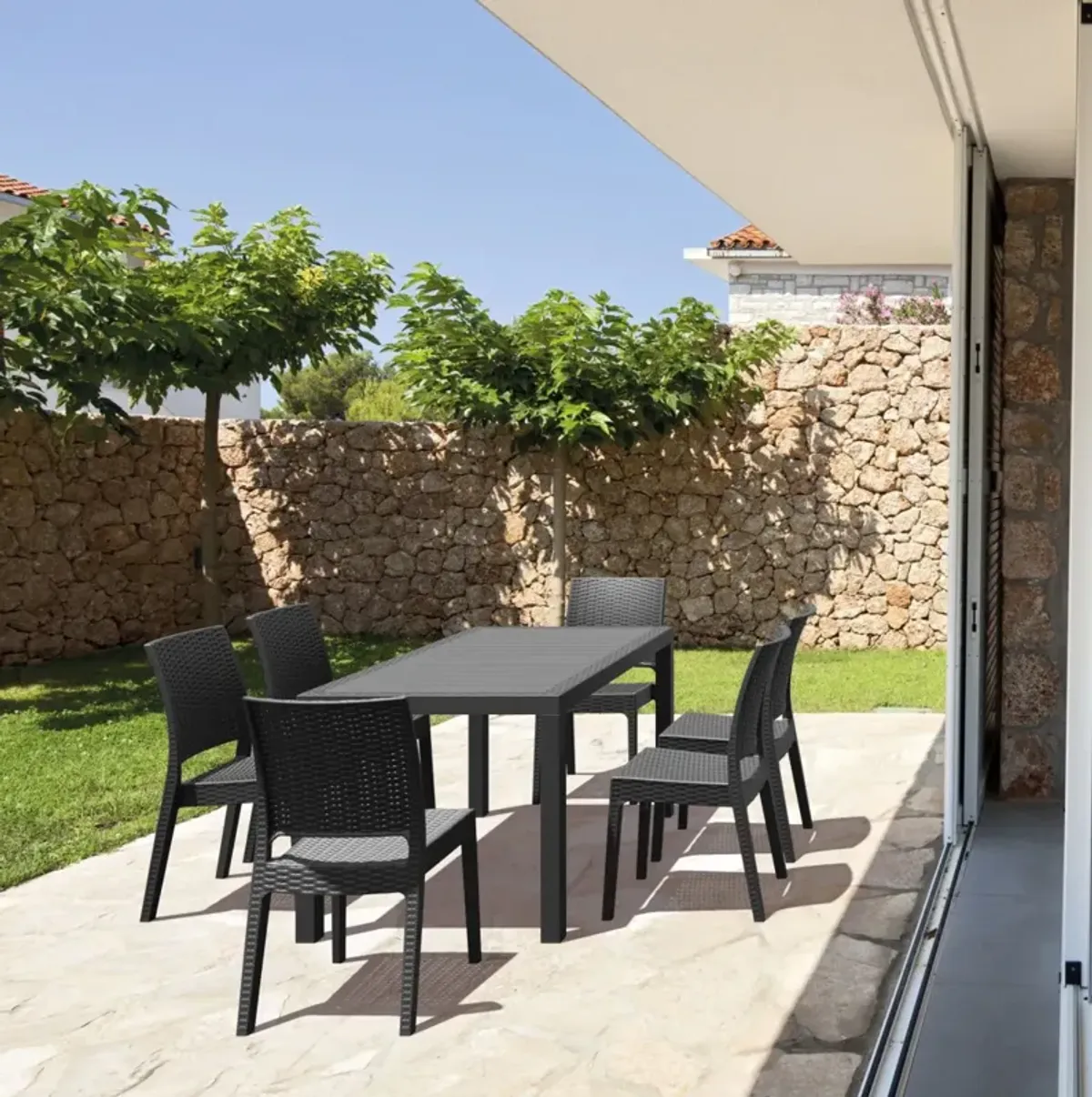 Compamia Orlando Wickerlook Rectangle Outdoor Dining Set 7-Piece Dark Gray with Florida Side Chairs