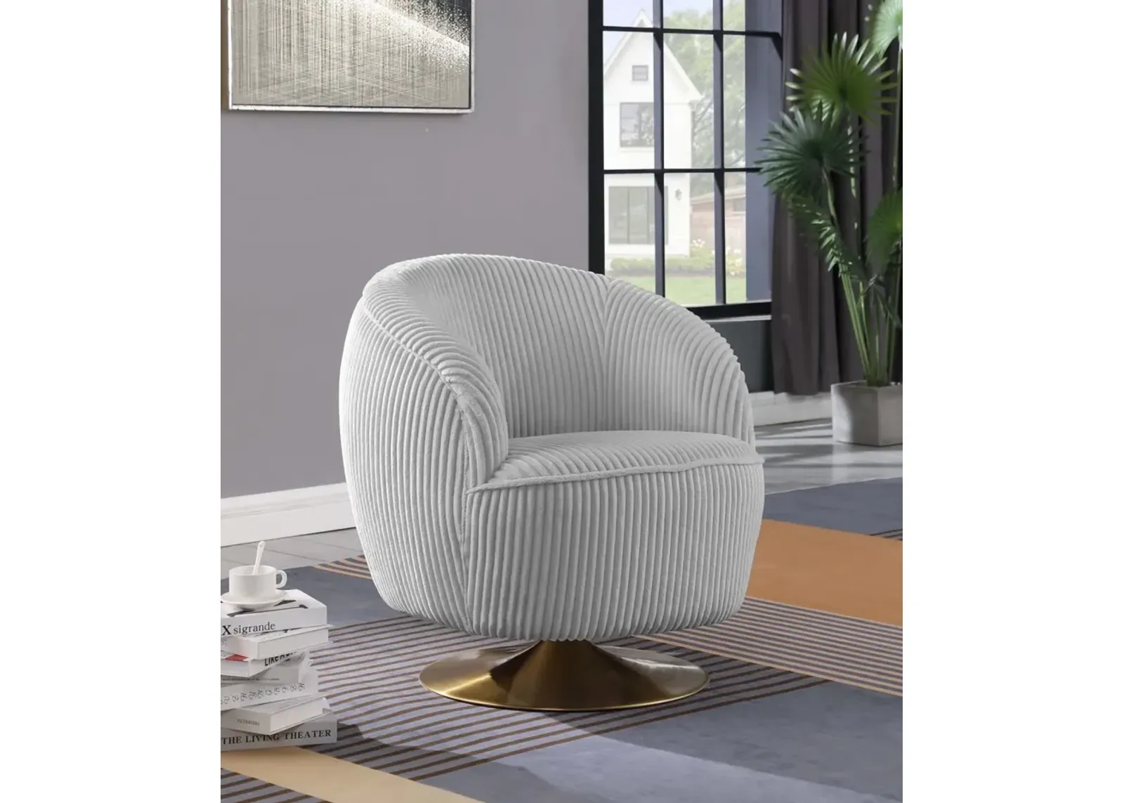 CHARLESTON GREY MODERN BARREL ACCENT CHAIR WITH SWIVEL & WOODEN LEGS