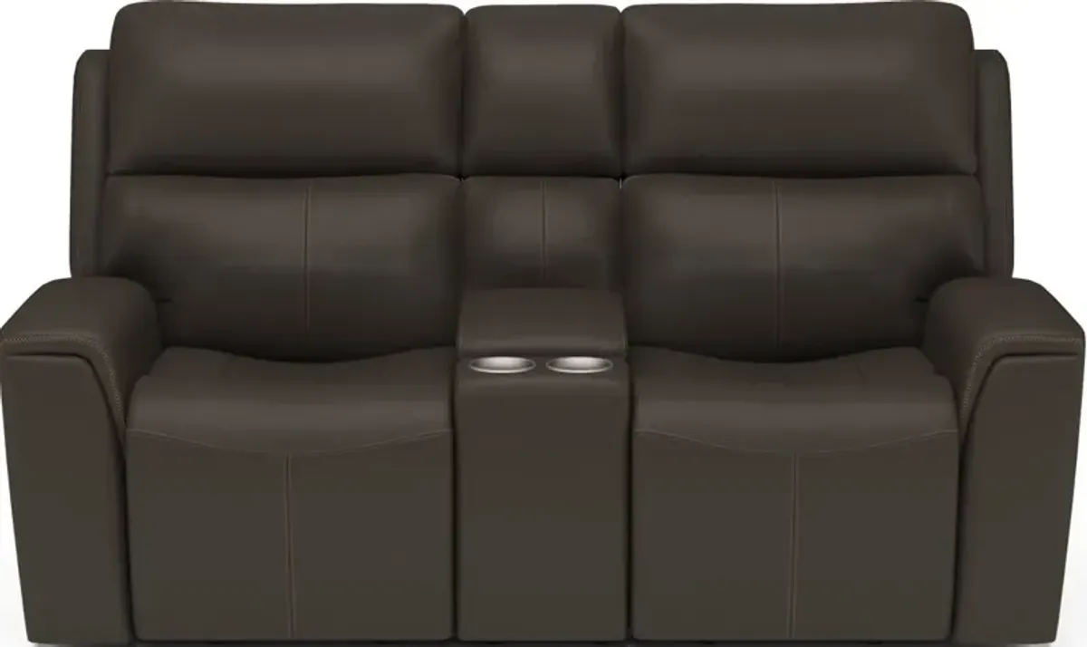 Flexsteel Jarvis Mica Power Reclining Leather Loveseat with Console & Power Headrests