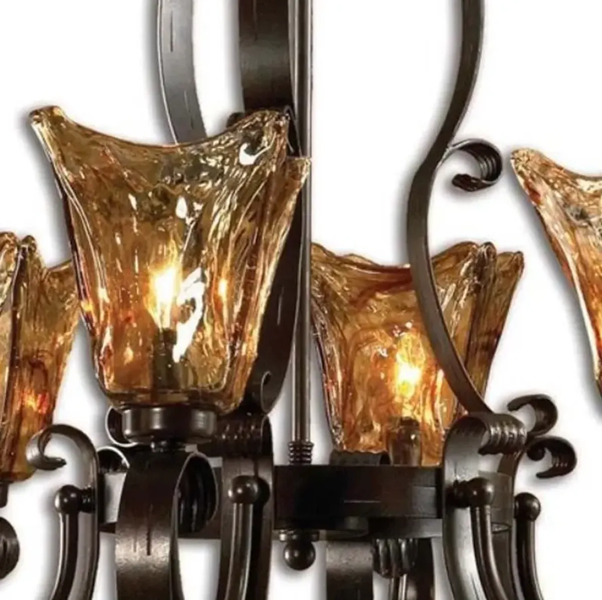 Uttermost Ornate Wrought Iron Chandelier with Amber Glass Flower Shades