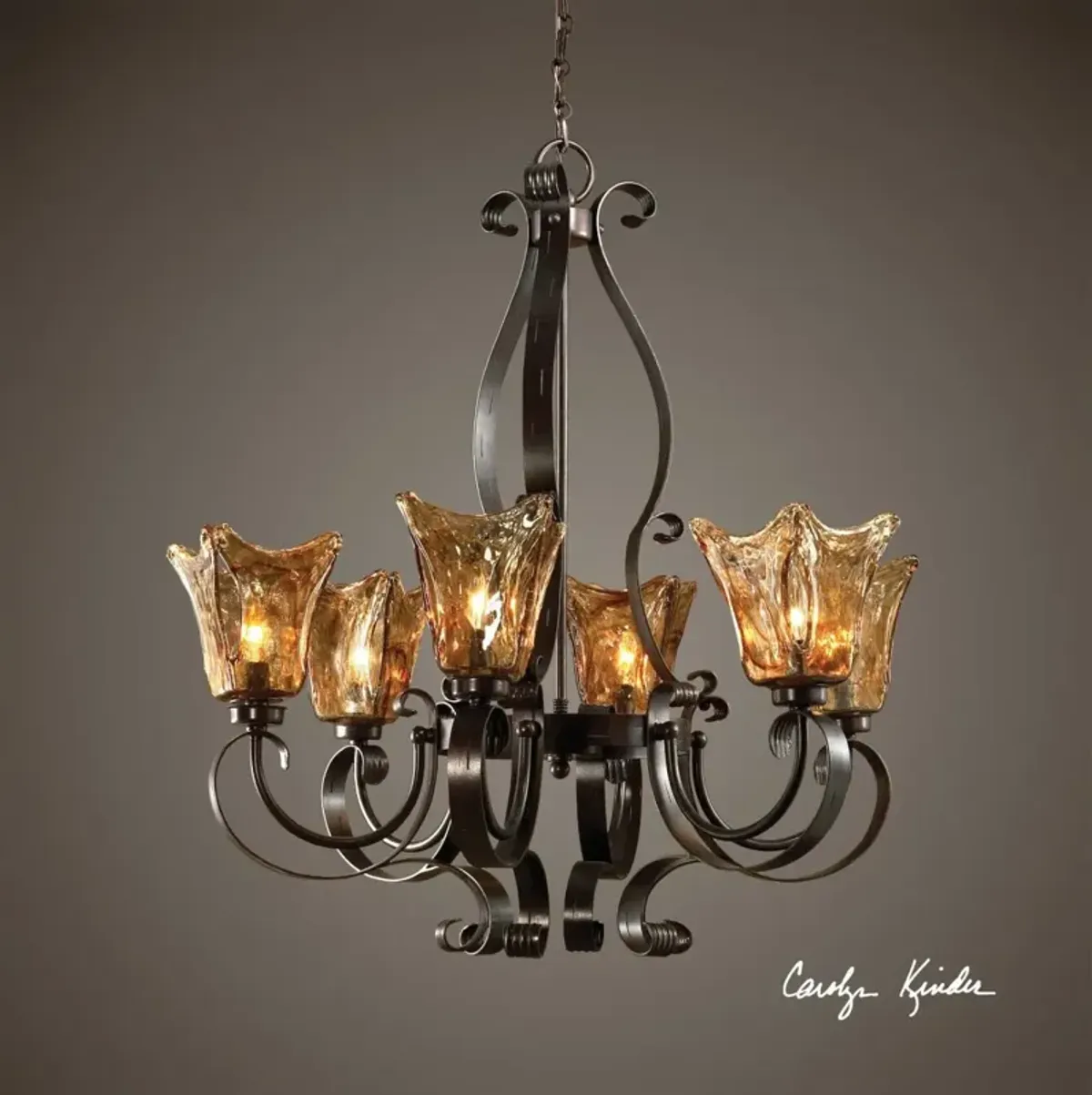 Uttermost Ornate Wrought Iron Chandelier with Amber Glass Flower Shades