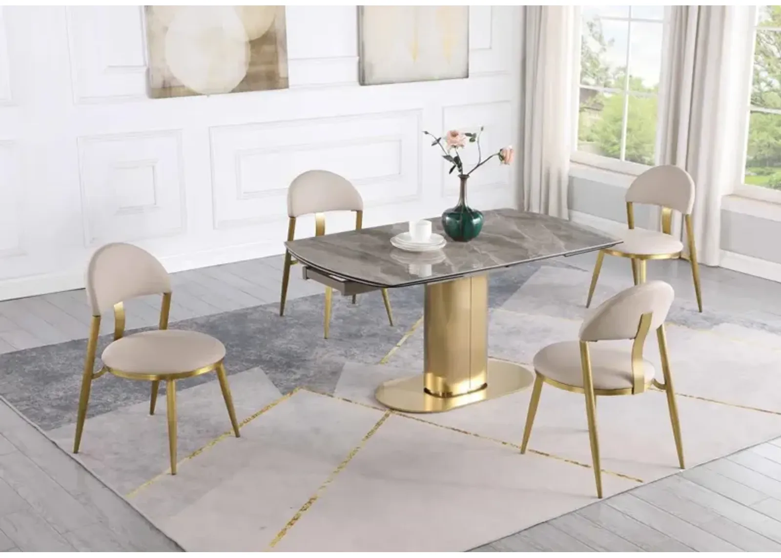 Chintaly Karla Dining Set with Extendable Marbleized Ceramic Table & Golden Frame Chairs