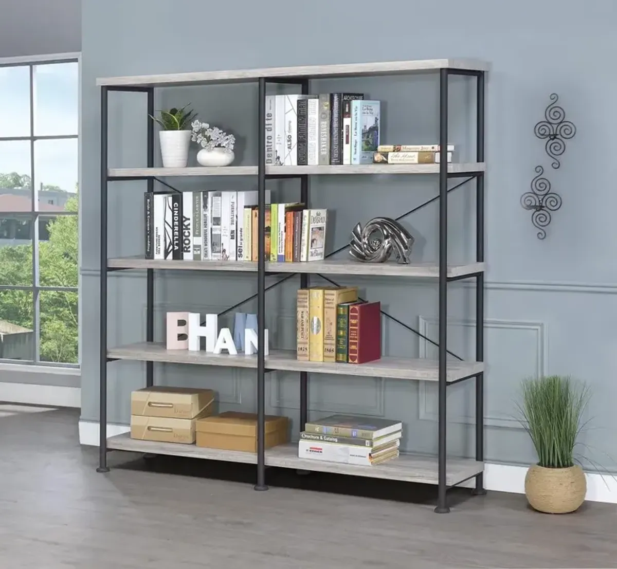 Coaster Analiese 63 Inch 4-Shelf Double Bookshelf Grey Driftwood