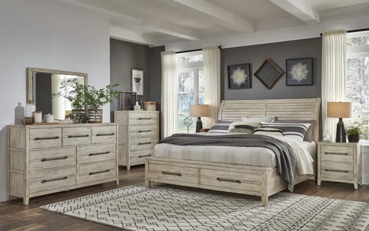 American Woodcrafters Complete Queen Bedroom Set Sleigh Bed, Dresser, Mirror & Nightstand Whitewash Aurora