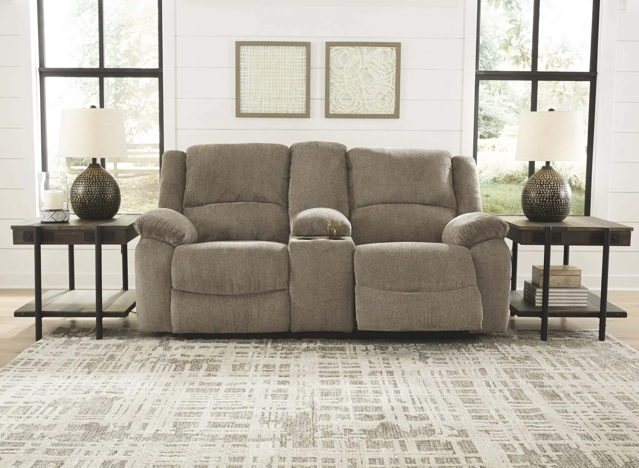 DRAYCOLL RECLINING LOVESEAT WITH CONSOLE PEWTER SIGNATURE DESIGN