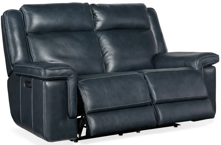 MONTEL COSMOS COBALT LAY FLAT LEATHER POWER LEATHER LOVESEAT WITH POWER HEADREST & LUMBAR