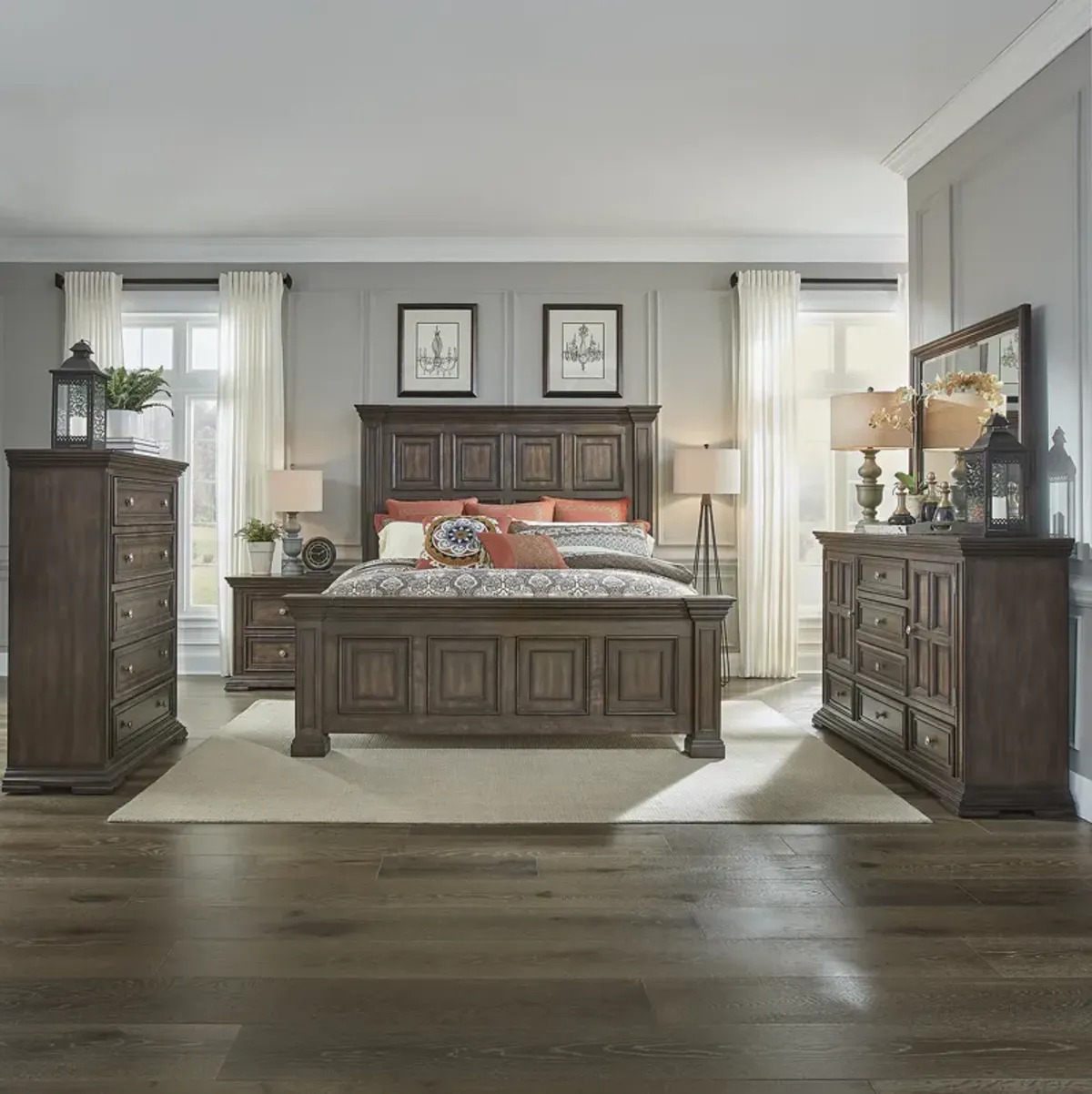 Liberty Furniture Complete King Bedroom Set Panel Bed, Dresser, Mirror & Nightstand Big Valley