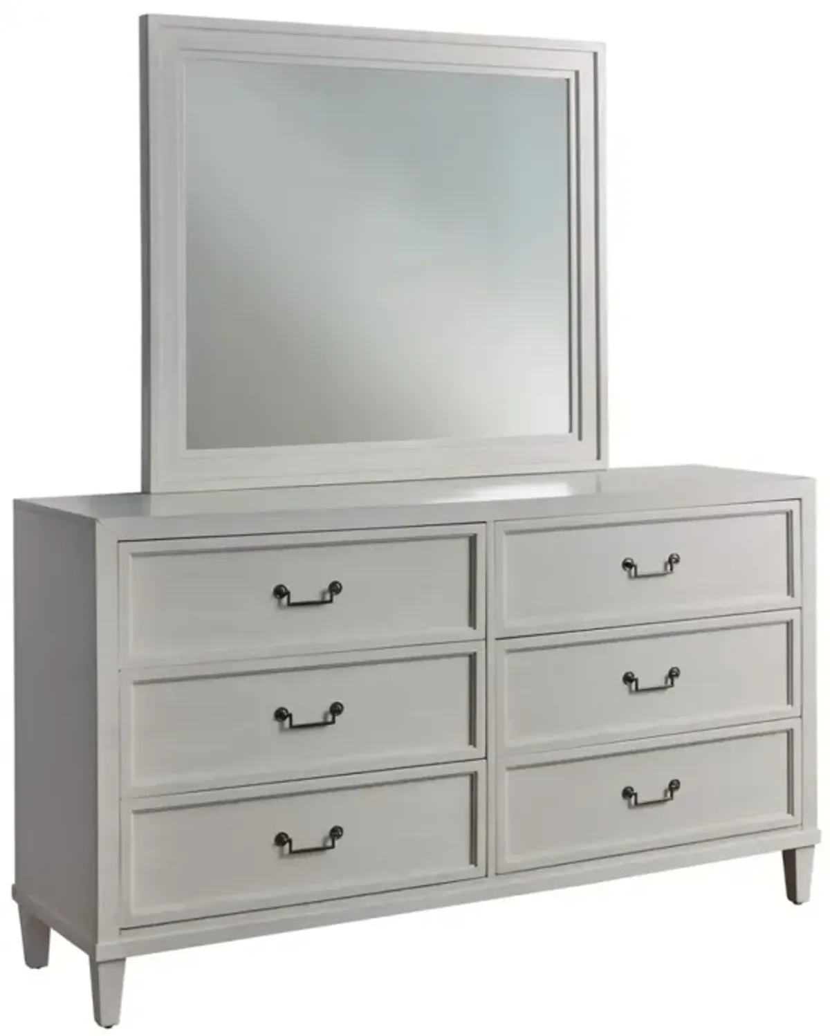 American Woodcrafters Dunescape Painted White Queen Panel Bed Dresser Mirror 2-Drawer Nightstand