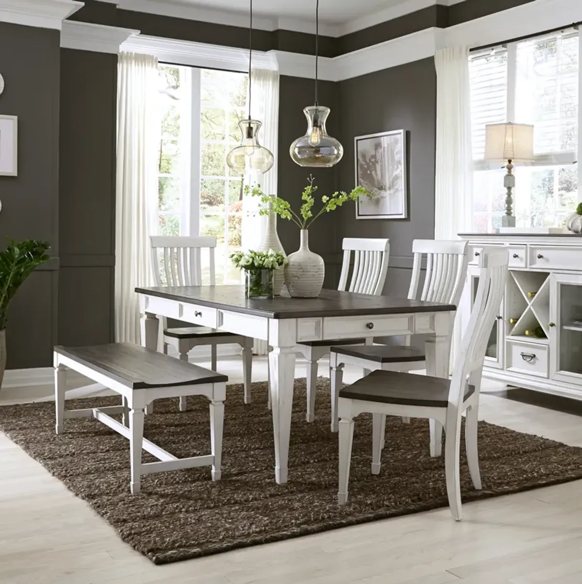 Liberty Furniture 6-Piece Wire Brushed White Charcoal Rectangular Dining Table Set Allyson Park