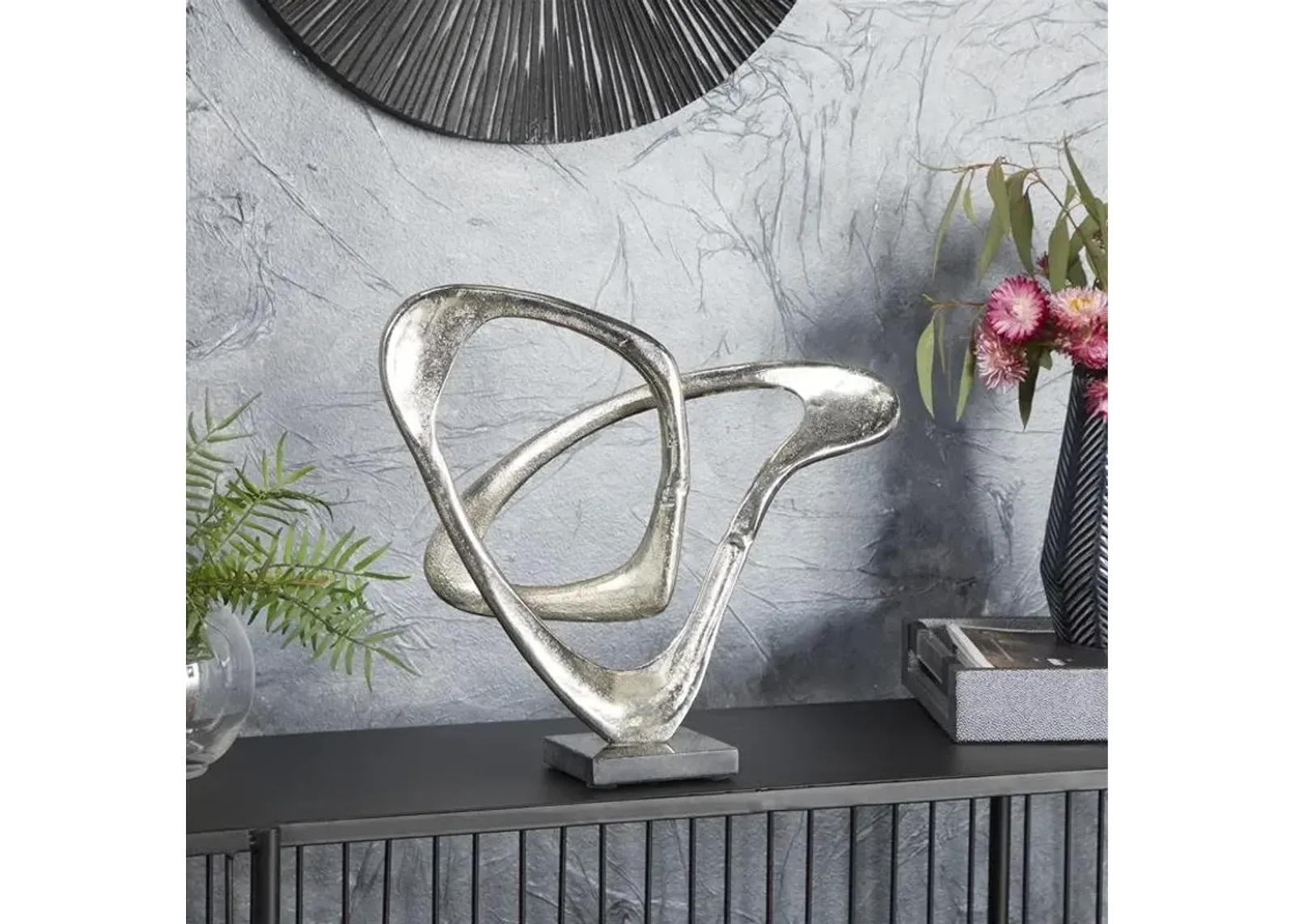 UMA Home Decor Silver Aluminum Abstract Loop Sculpture with Black Base