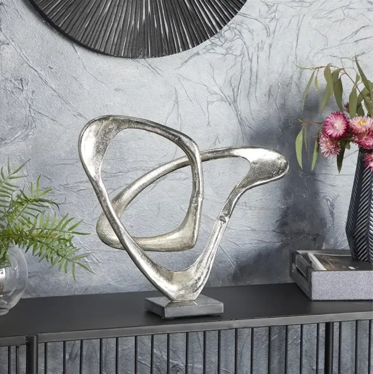 UMA Home Decor Silver Aluminum Abstract Loop Sculpture with Black Base