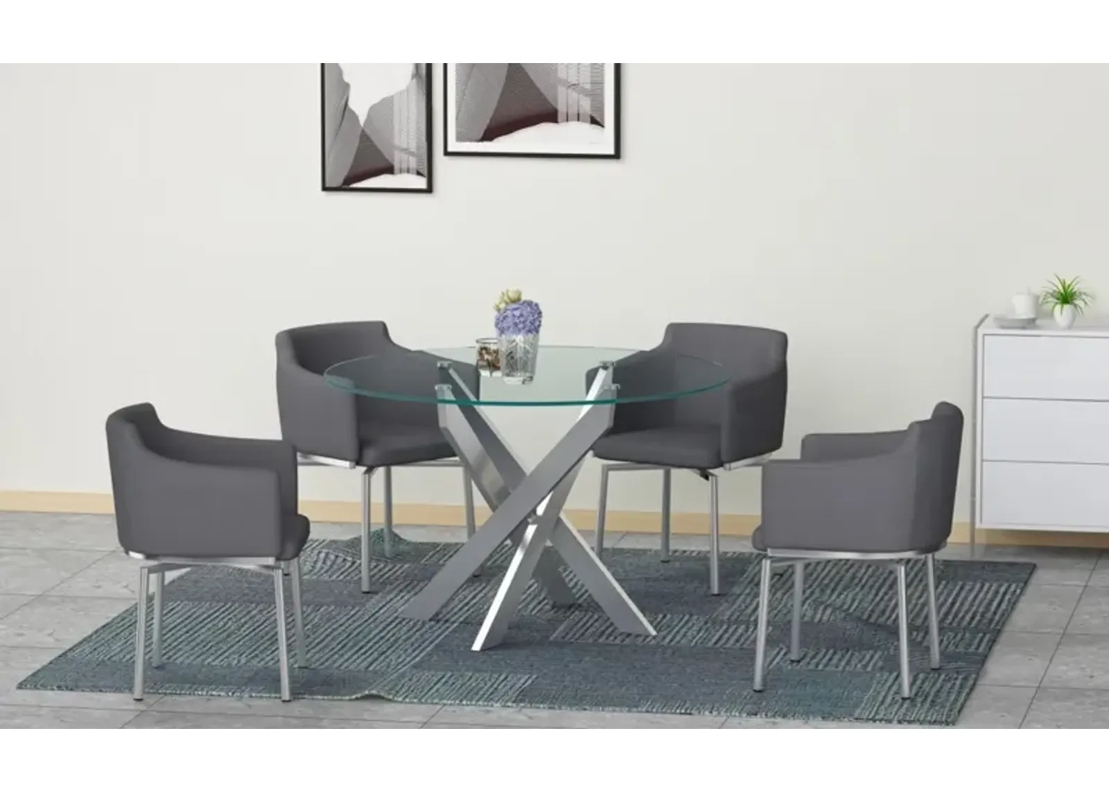 Chintaly Dusty Grey Dining Set with Round Glass Table & Swivel Club Chairs