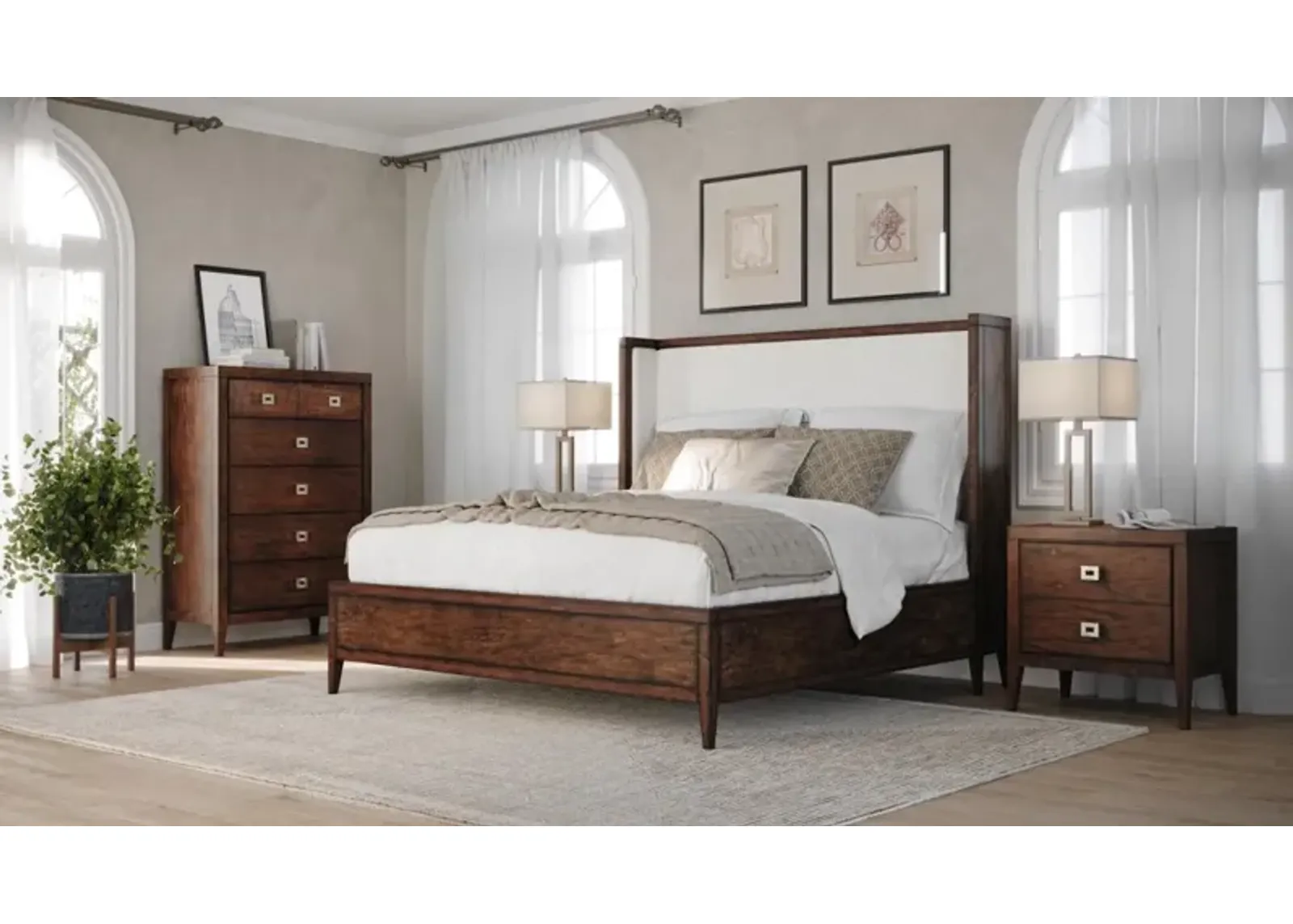 Noble Furniture Essex King Size Bed in Antique Brown with Sand Linen Fabric