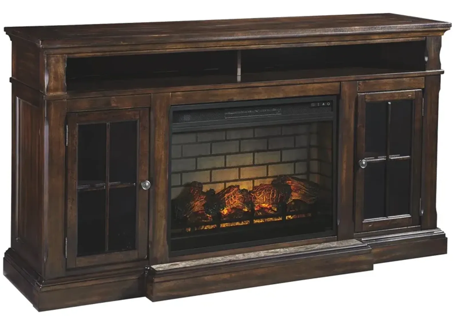 Ashley Roddinton 74 Inch Dark Brown TV Stand with Electric Fireplace