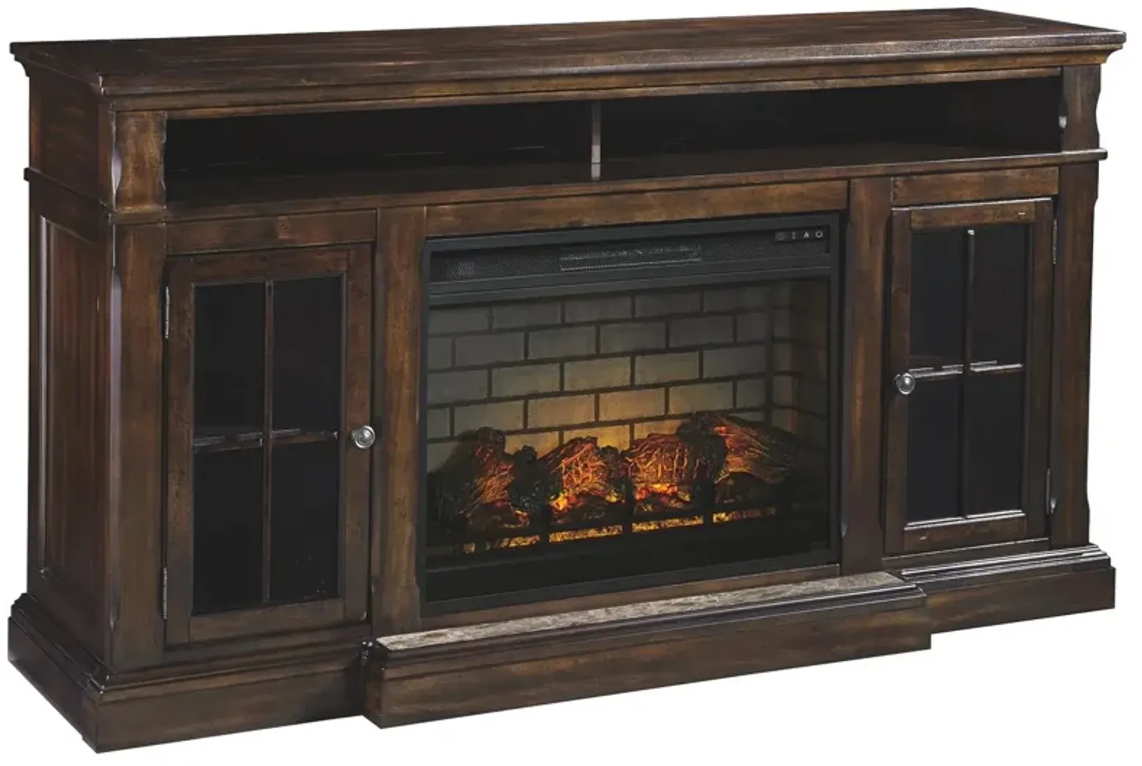 Ashley Roddinton 74 Inch Dark Brown TV Stand with Electric Fireplace