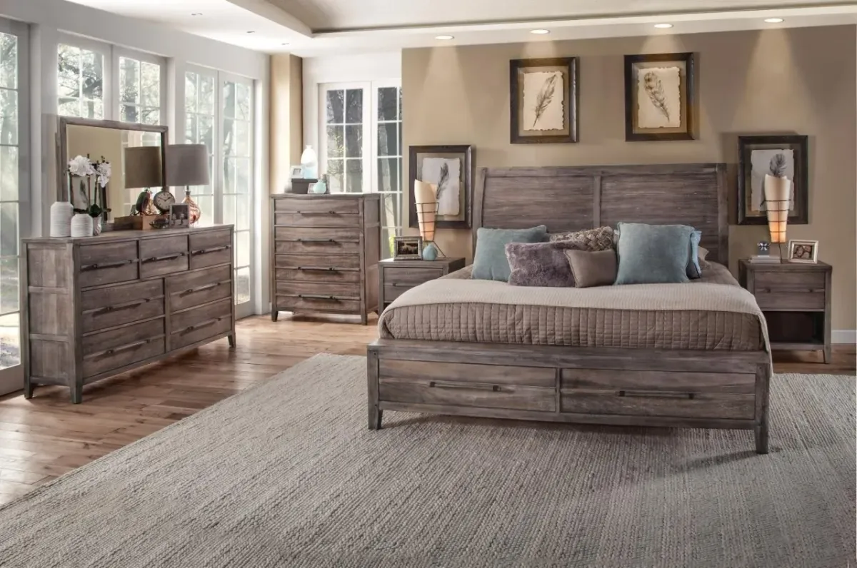 American Woodcrafters Complete Queen Bedroom Set Sleigh Bed, Dresser & Mirror Weathered Grey Aurora