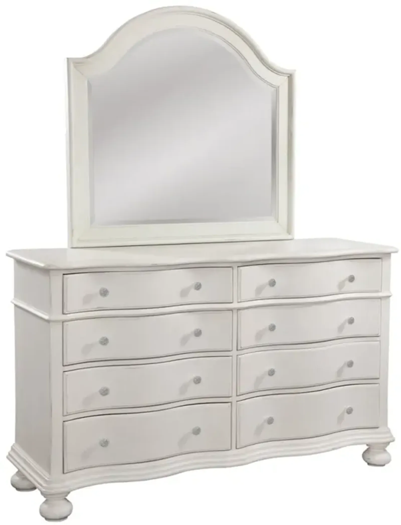 American Woodcrafters Rodanthe Dove White with Rub-Through 4-Piece Woven Bedroom Set Queen Bed Dresser Mirror & 3-Drawer Nightstand