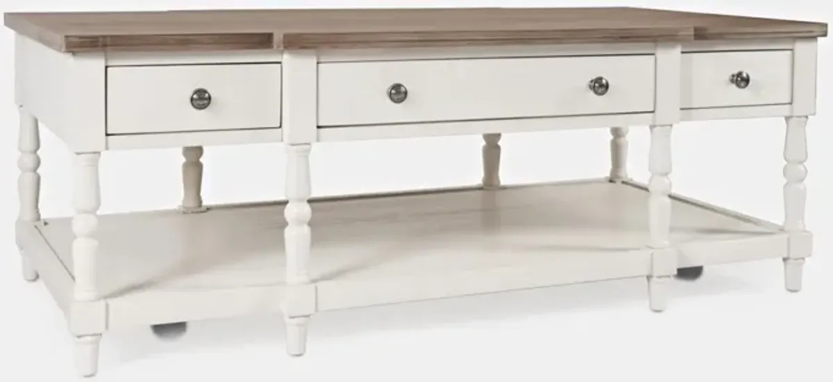 Jofran Grafton Farms 3-Drawer White Coffee Table with Natural Wood Top