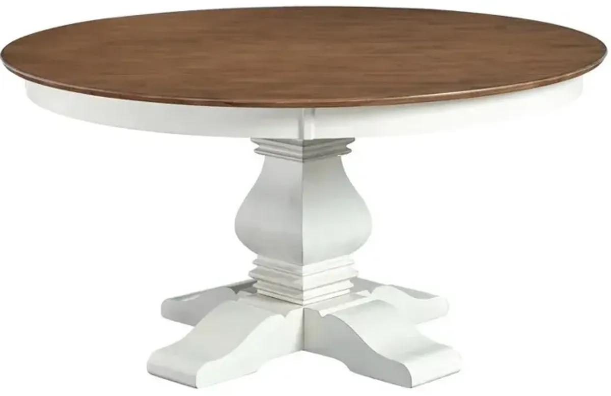 John Thomas Vista 60 Inch Round Table Top with Banks Pedestal Base in Hickory & Shell