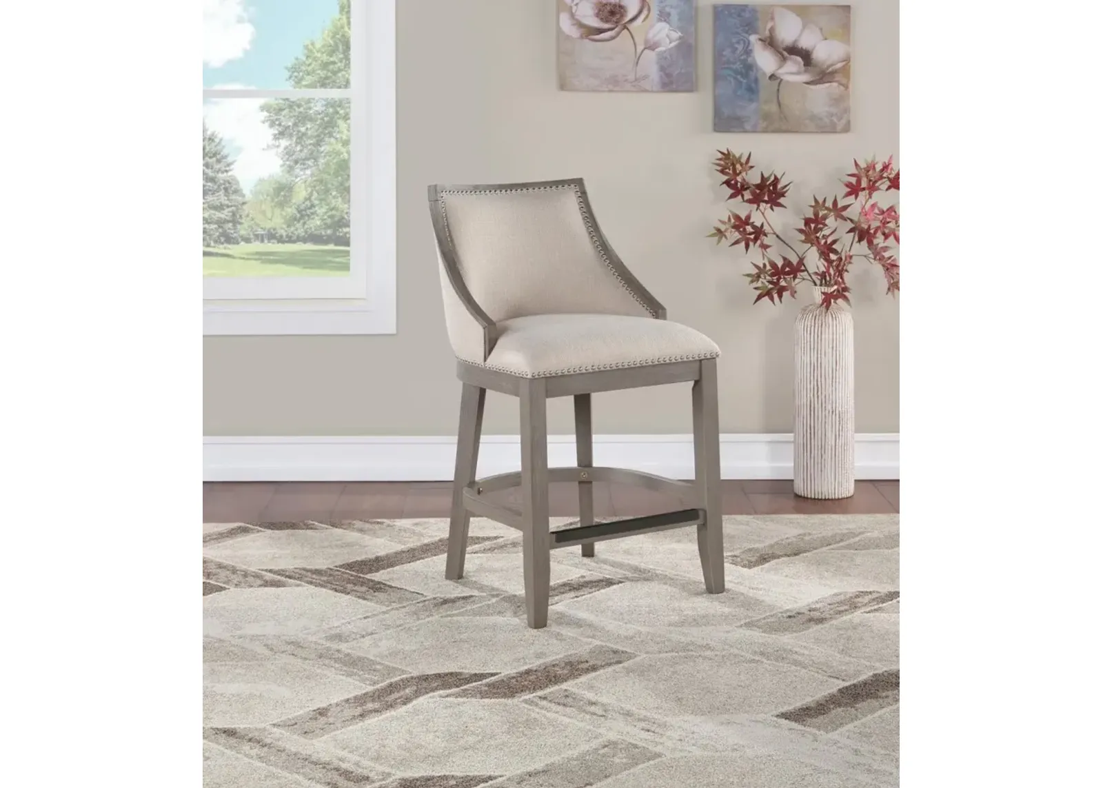 American Woodcrafters Keller Wooden Stool with Fabric & Nailhead Trim in Grey