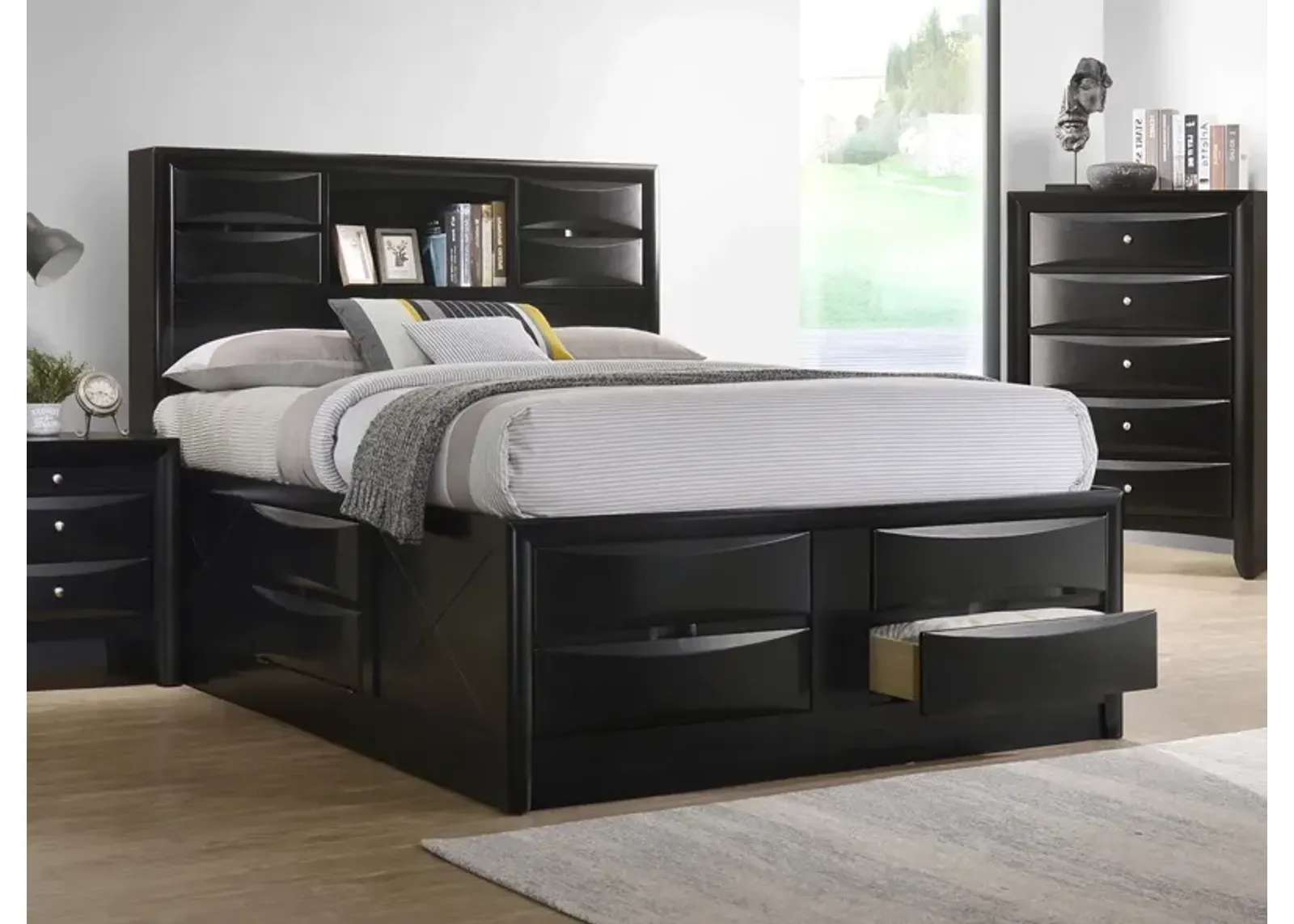 Briana Wood Queen Storage Bookcase Bed Black