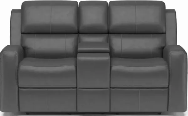 Flexsteel Linden Black Power Reclining Leather Loveseat with Console & Power Headrests & Lumbar