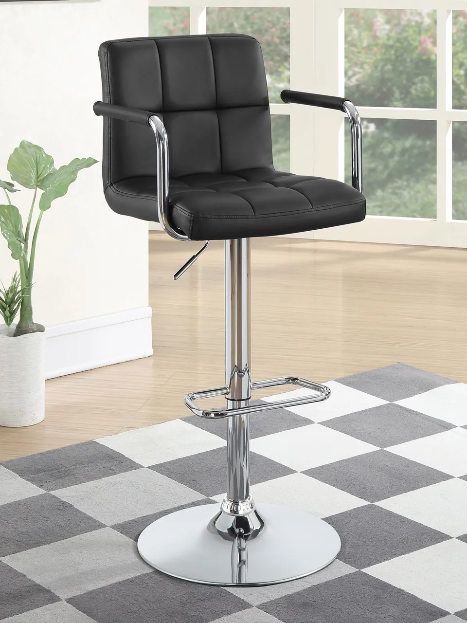 CONTEMPORARY BLACK & CHROME ADJUSTABLE BAR STOOL WITH ARMS