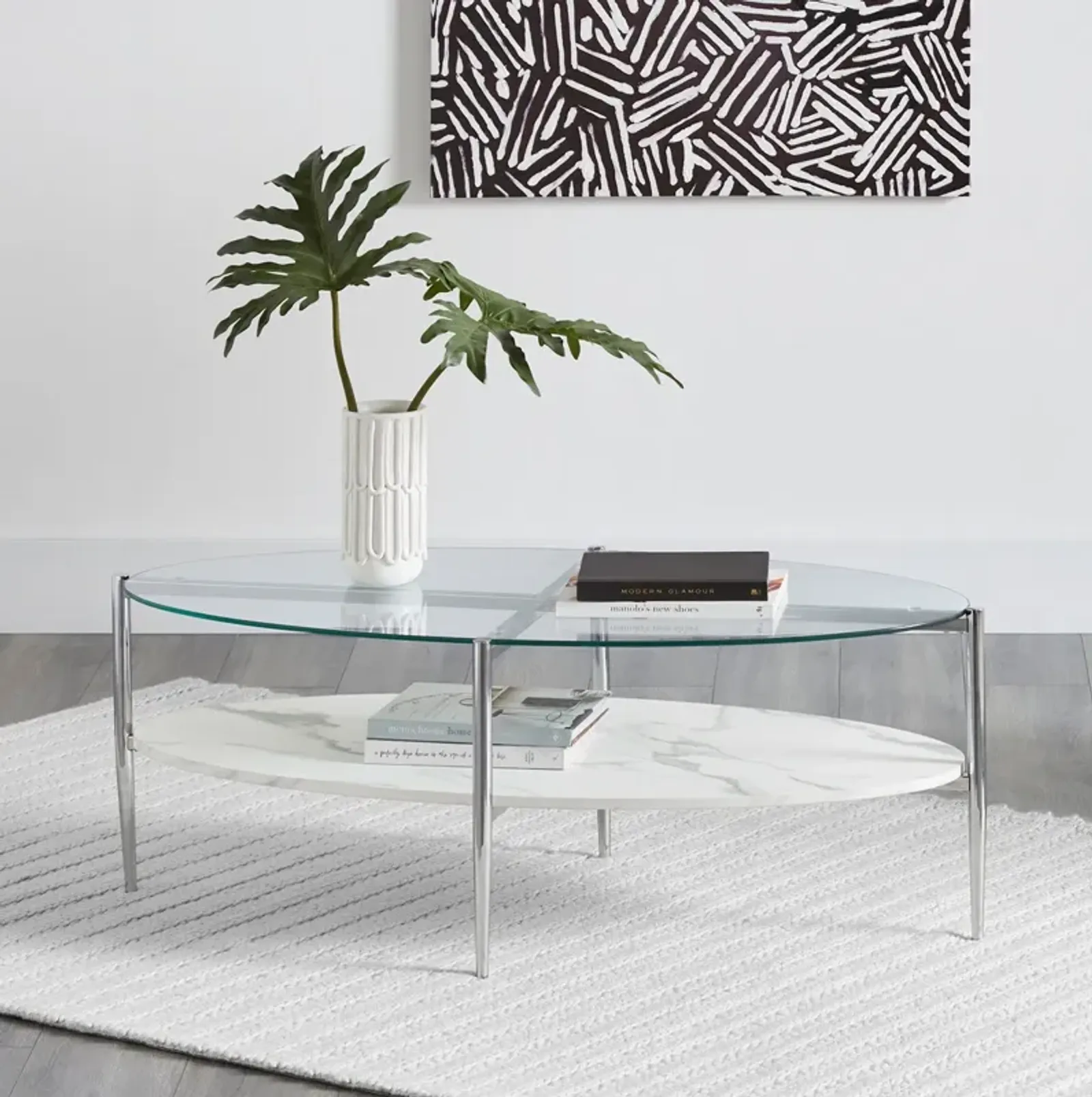 Coaster Cadee Oval Glass Top Coffee Table White & Chrome