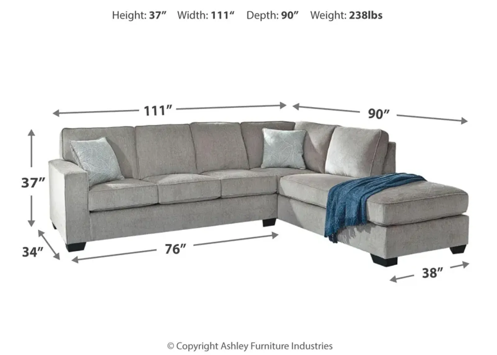 Ashley Altari 2-Piece Sectional with Chaise Right-Arm Facing Alloy