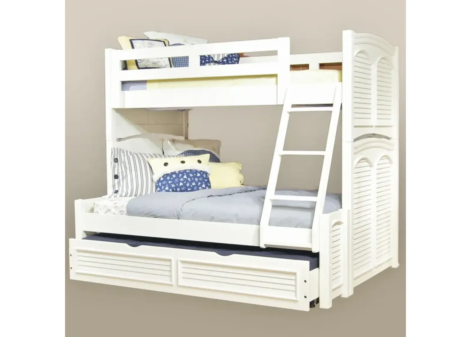 American Woodcrafters Cottage Traditions Complete 3/3 Over 4/6 Bunk Bed with Trundle in Clean White Cottage Finish