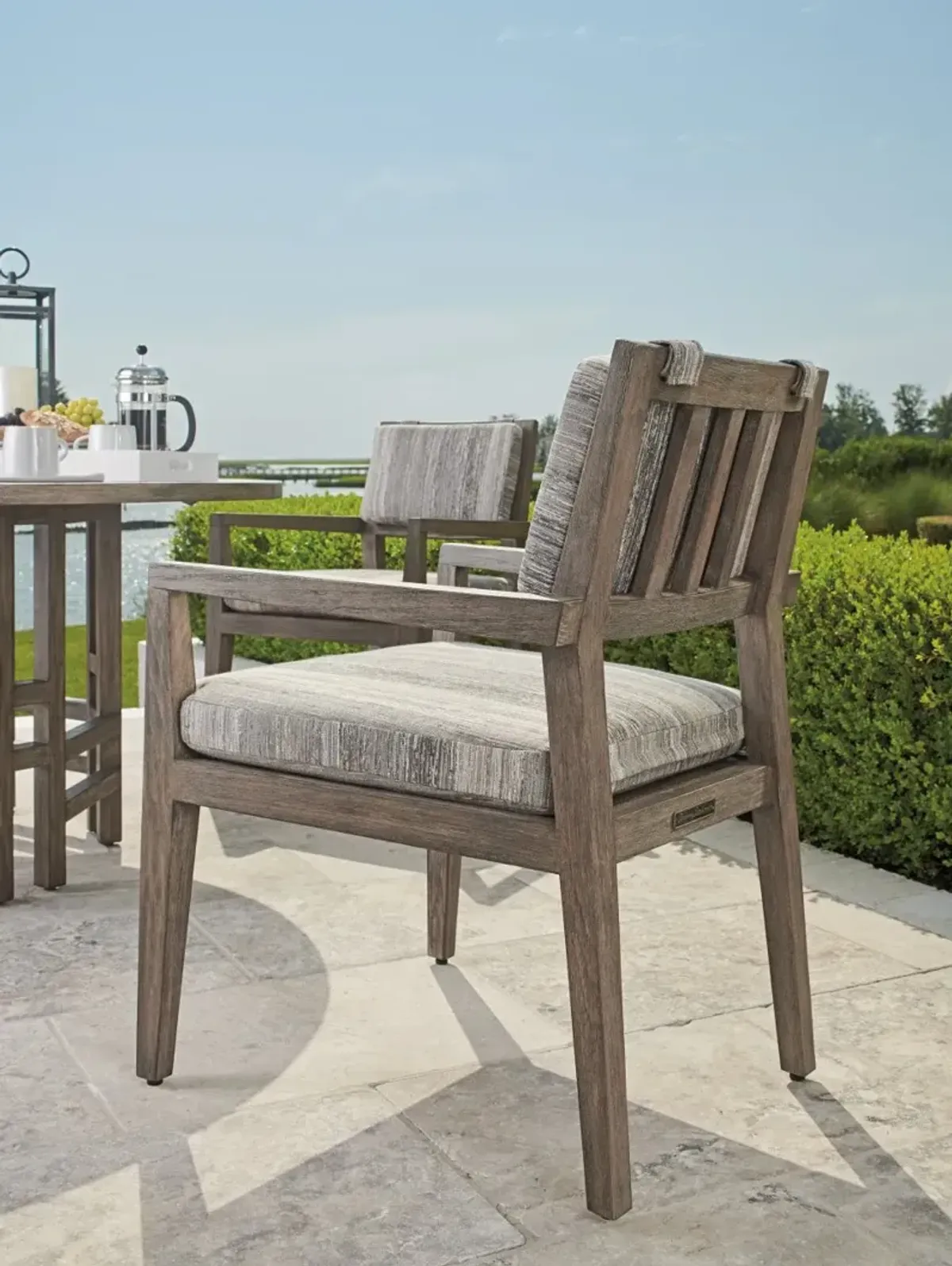 Tommy Bahama Outdoor by Lexington La Jolla Taupe, Gray & Patina Upholstered Arm Dining Chair