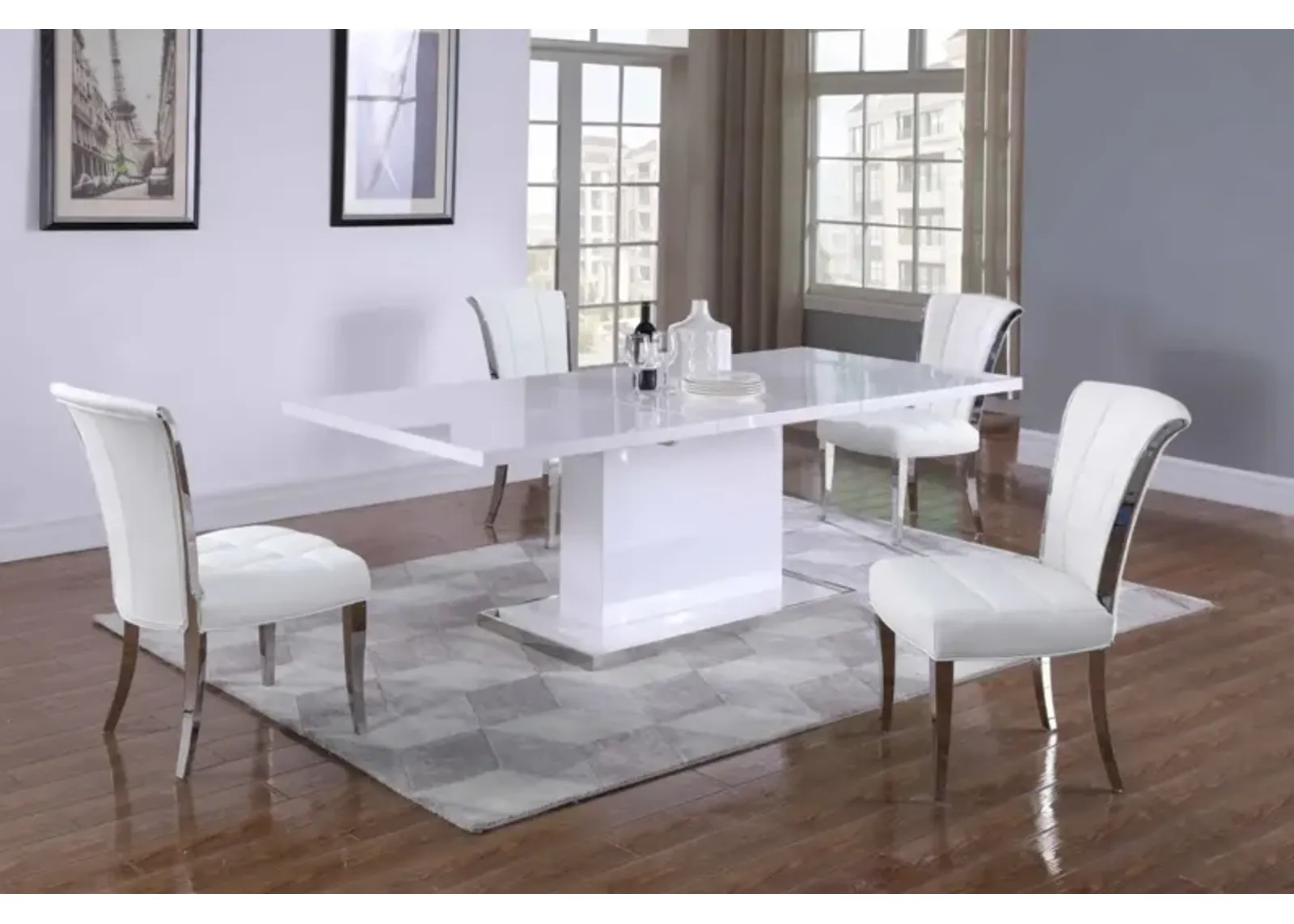 KRISTA WHITE MODERN DINING SET WITH EXTENDABLE WHITE TABLE & WHITE CHAIRS