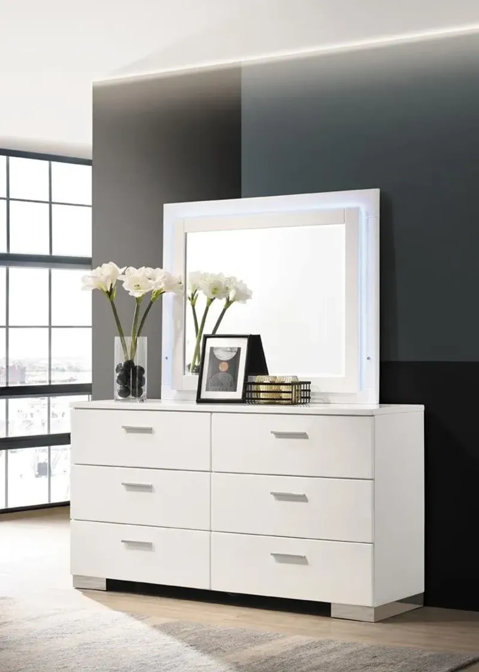 Coaster Felicity Wood Led Dresser Mirror White High Gloss