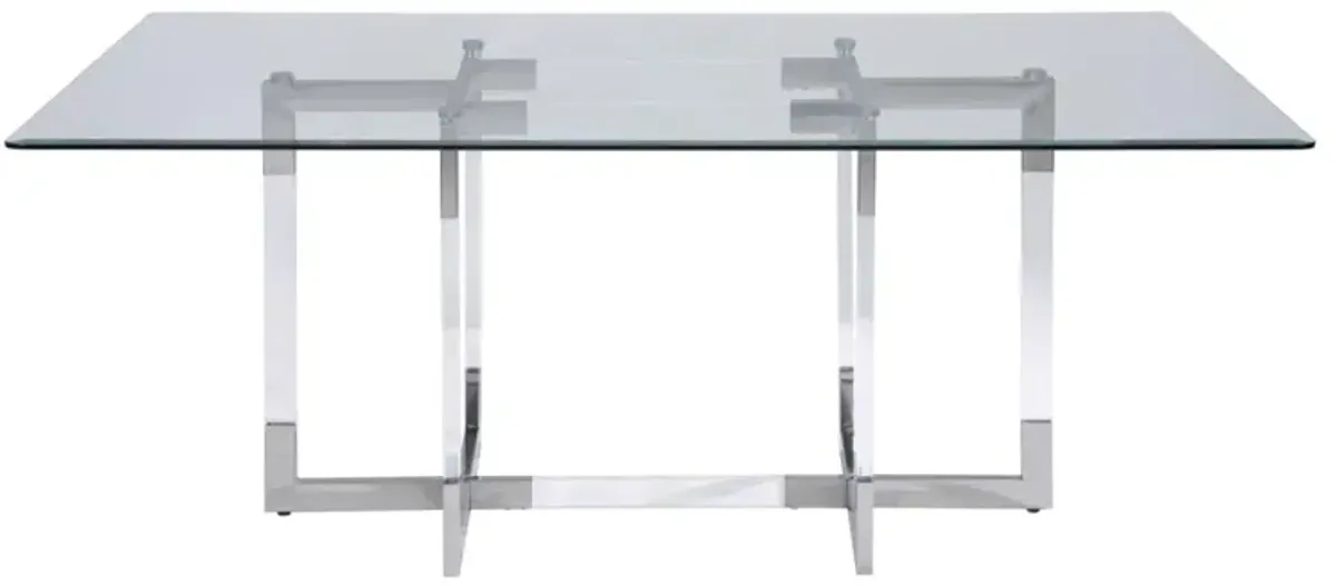 Chintaly Yasmin Contemporary 44 Inch X 84 Inch Glass Dining Table with Floating Acrylic Base & Steel Accents