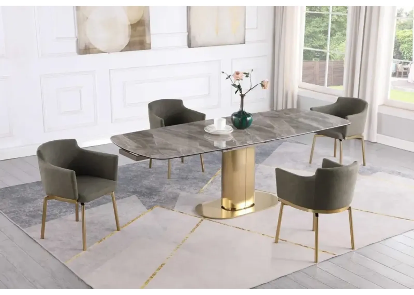 Chintaly Karla Gold/Olive Dining Set with Extendable Marbleized Ceramic Table & Memory Swivel Arm Chairs with Golden Legs