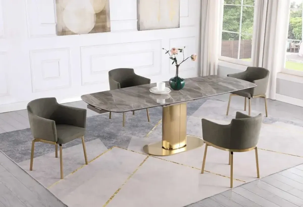 Chintaly Karla Gold/Olive Dining Set with Extendable Marbleized Ceramic Table & Memory Swivel Arm Chairs with Golden Legs