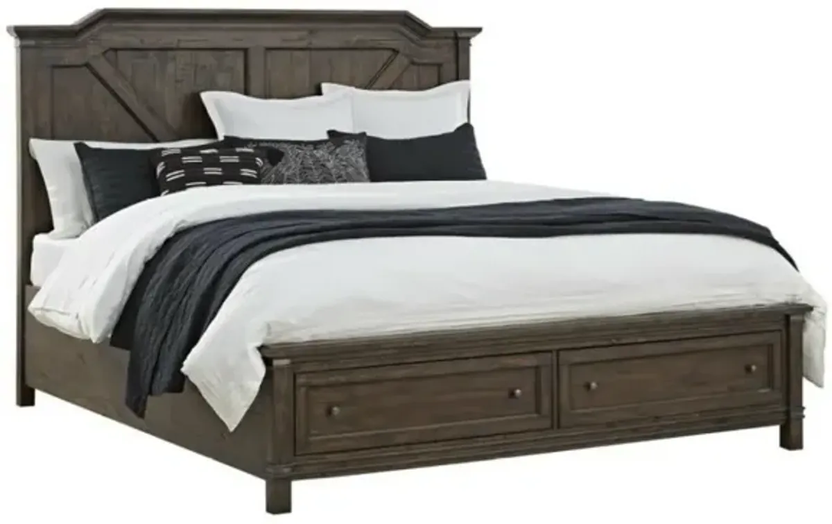 FARMWOOD WHISKEY BARRELL KING STORAGE BED TWO 1-DRAWER NIGHTSTAND DRESSER & MIRROR