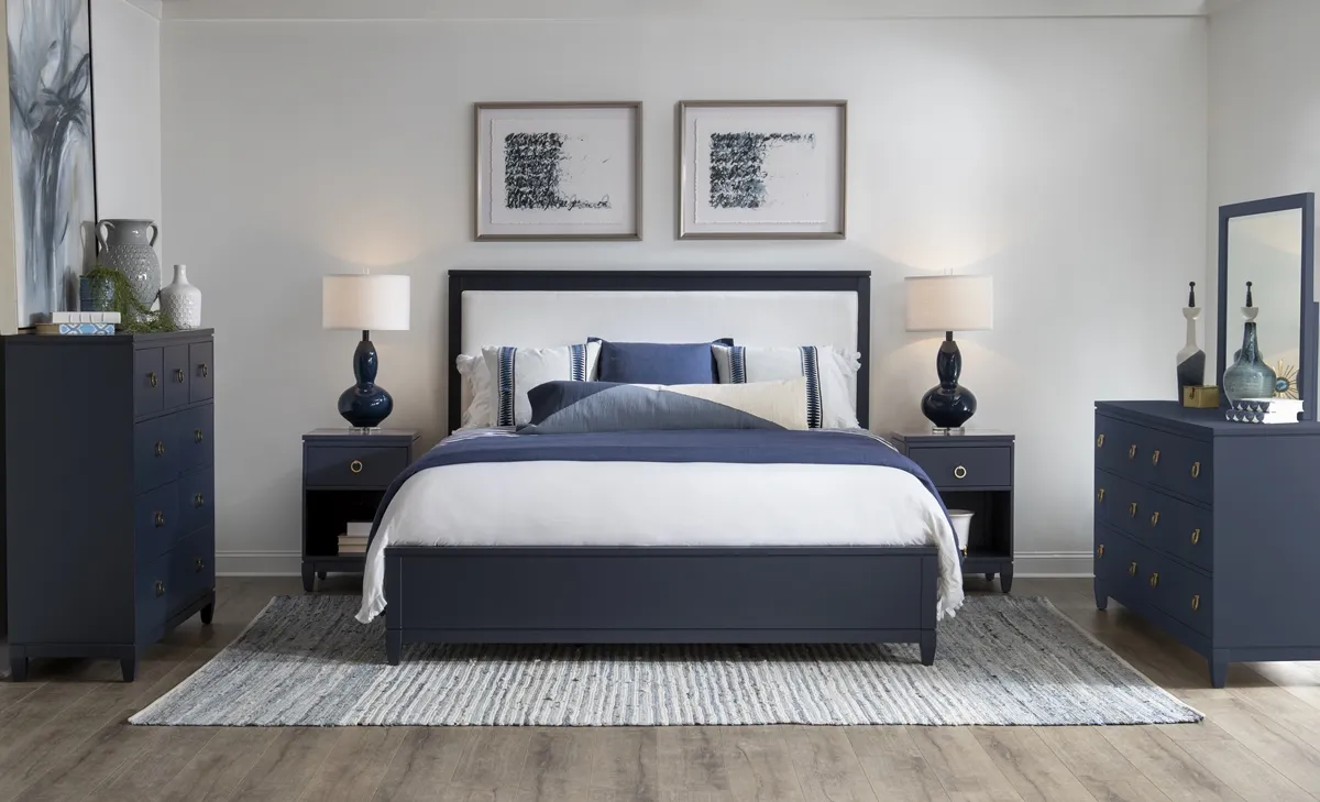 COMPLETE UPHOLSTERED BED KING BLUE FINISH - SUMMERLAND INKWELL