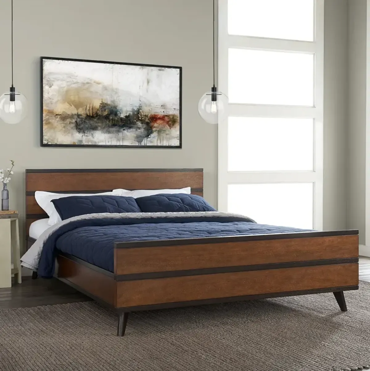 Linon Mid Century Wood Platform Queen Bed