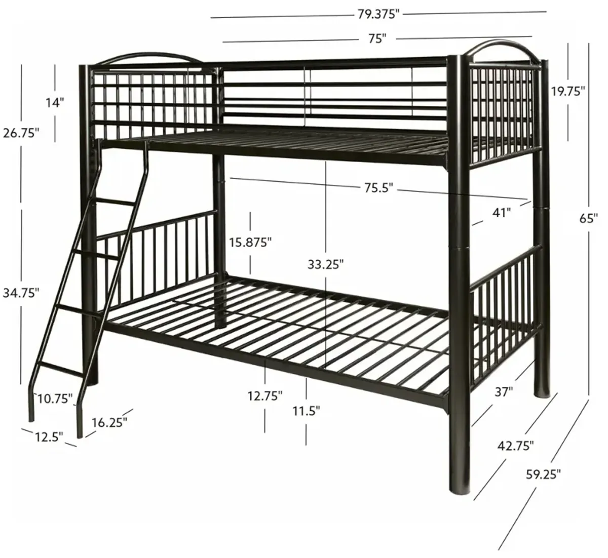 Kids/Teens Heavy Metal Black Twin Over Twin Bunk Bed