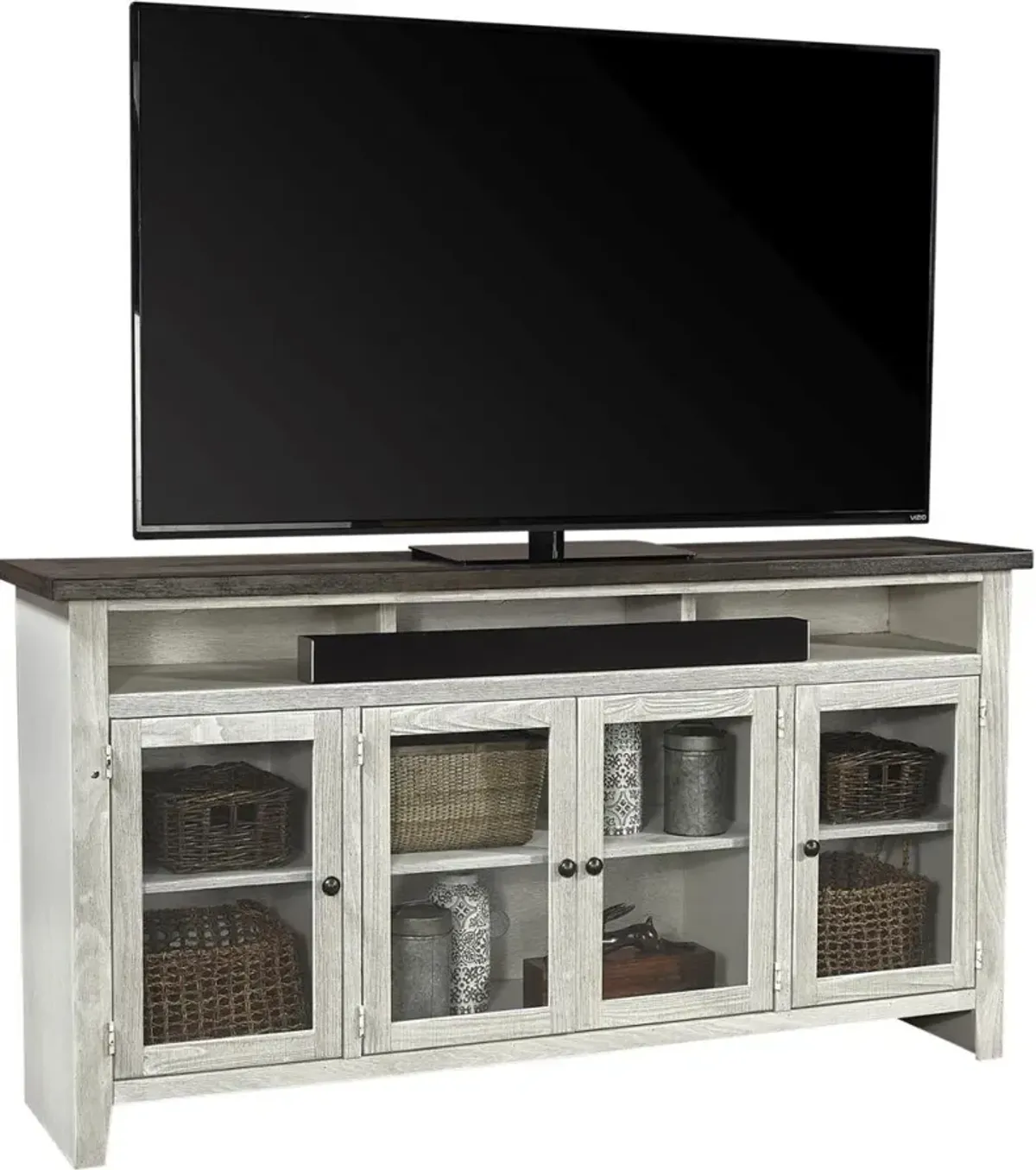 Aspenhome Eastport Drifted White 74 Inch Highboy TV Stand Console with 4 Doors