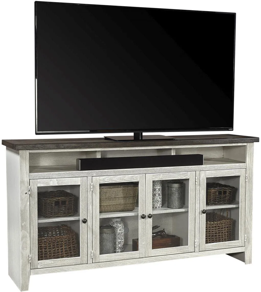 EASTPORT DRIFTED WHITE 74 INCH HIGHBOY TV STAND CONSOLE WITH 4 DOORS