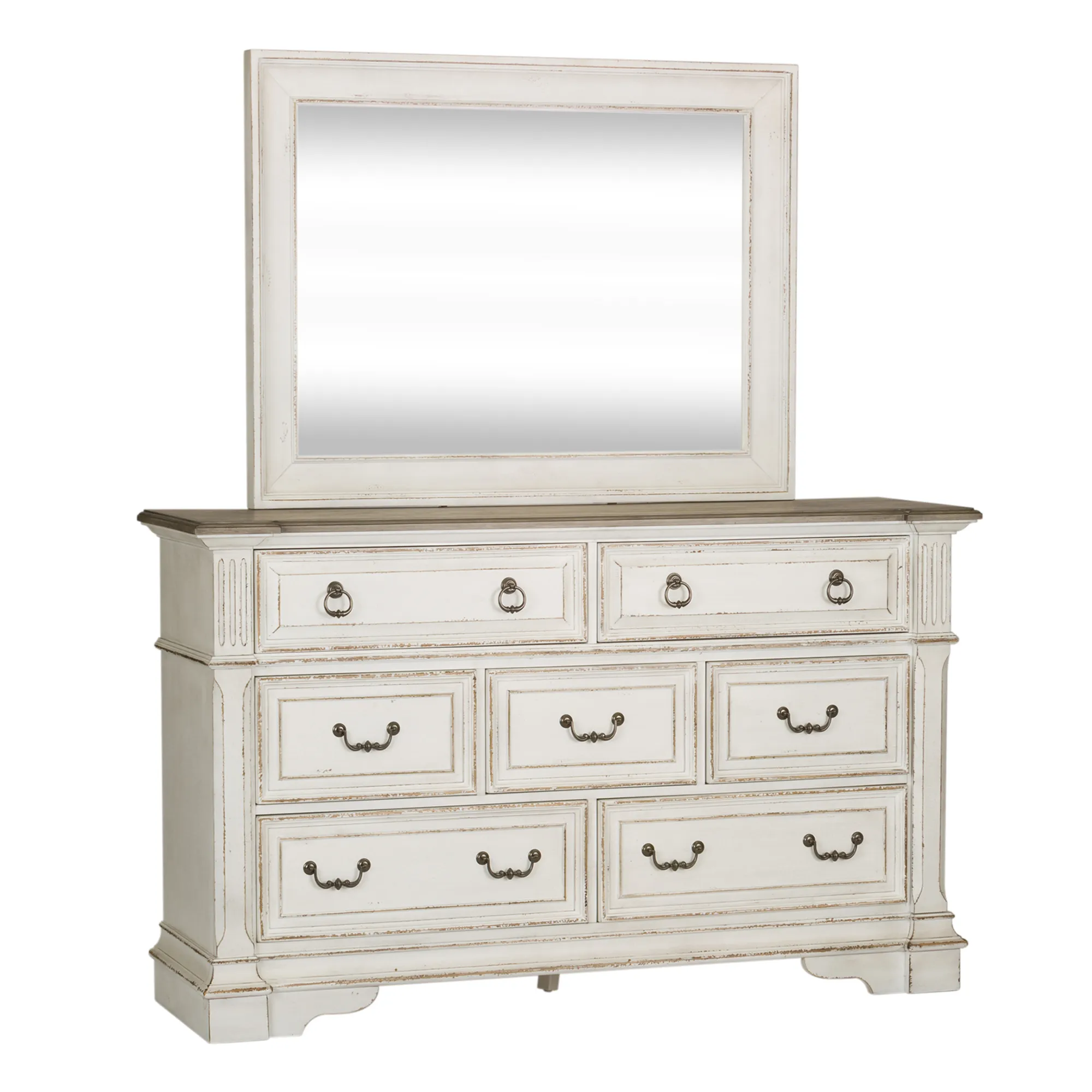 QUEEN UPHOLSTERED SLEIGH BED DRESSER & MIRROR CHEST - ABBEY PARK