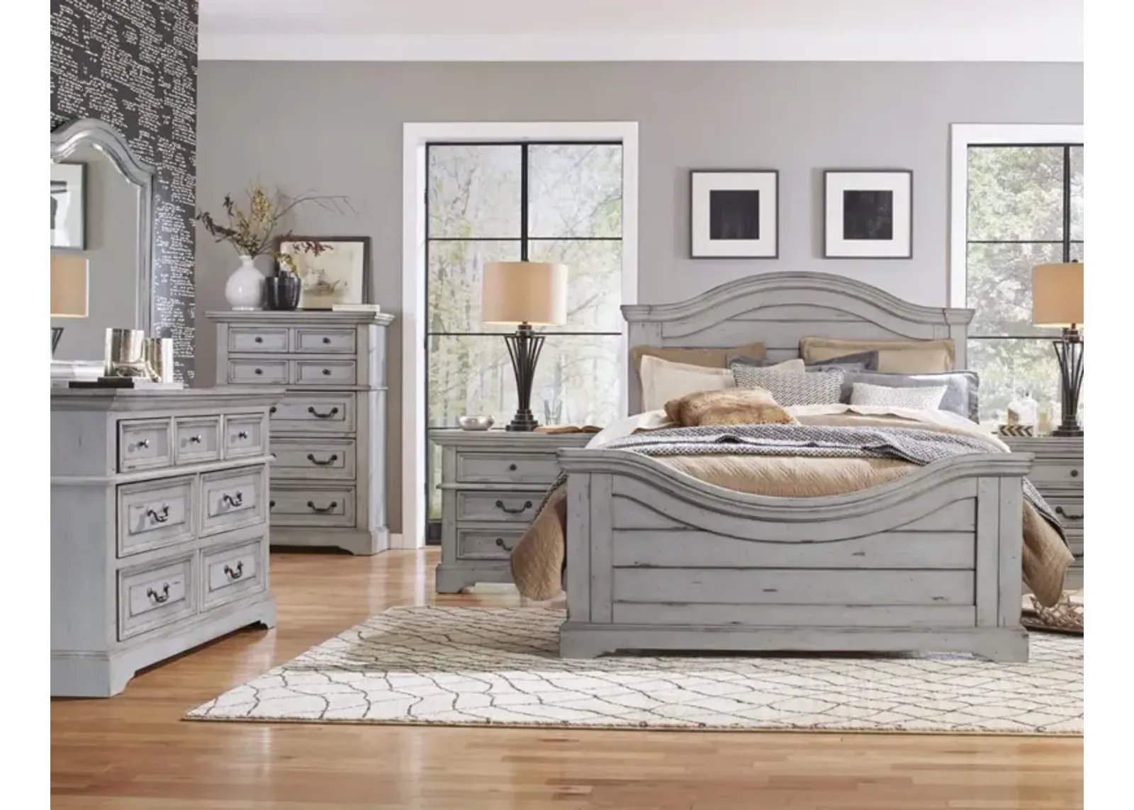 American Woodcrafters Complete Queen Bedroom Set Panel Bed, Dresser & Mirror Light Distressed Antique Gray Stonebrook