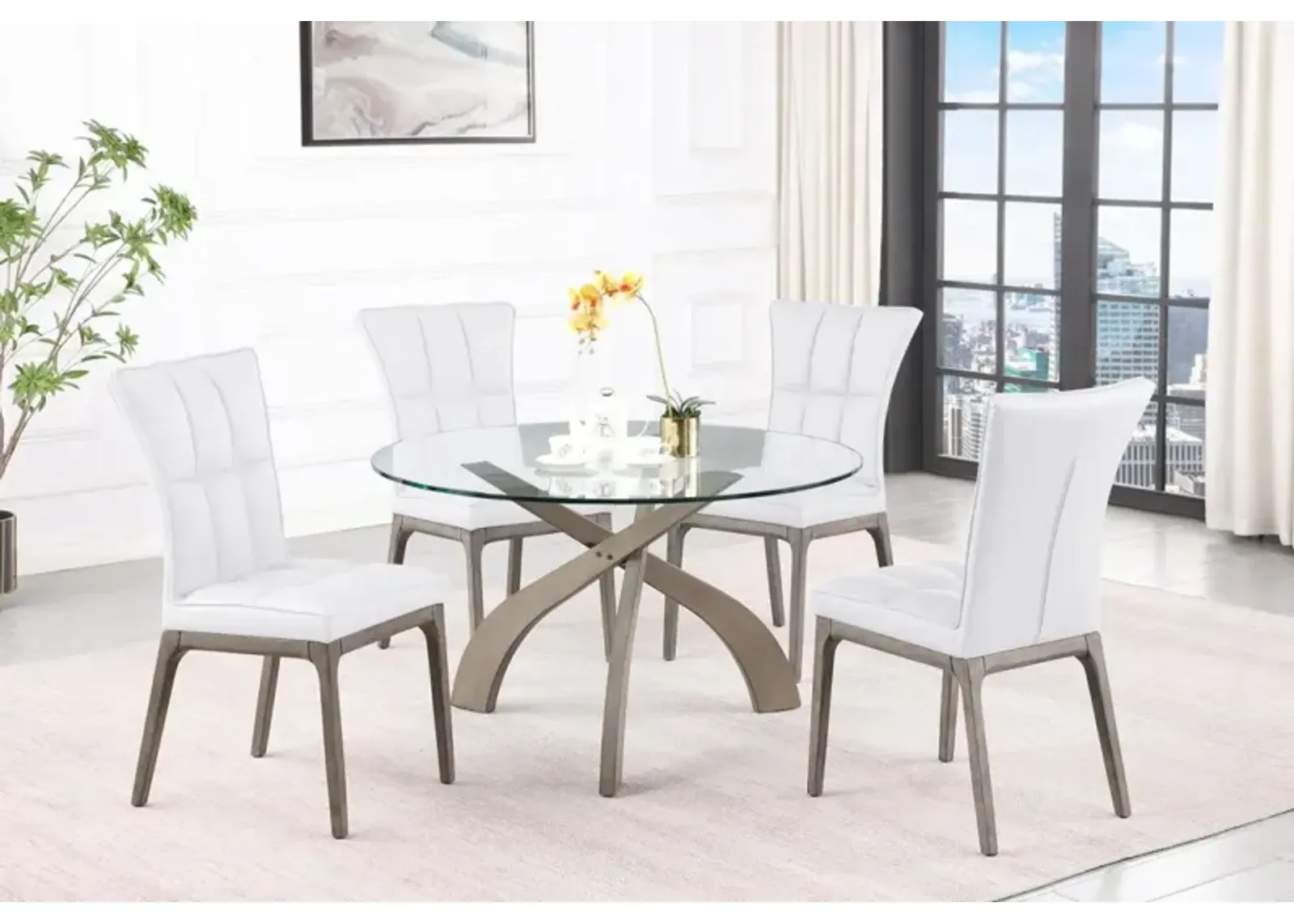 Chintaly Peggy White Dining Set with Glass Top Table & Tufted Solid Wood Chairs