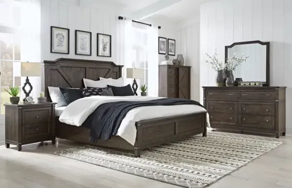 American Woodcrafters Farmwood Whiskey Barrell Queen Storage Bed Dresser Mirror & 1-Drawer Nightstand