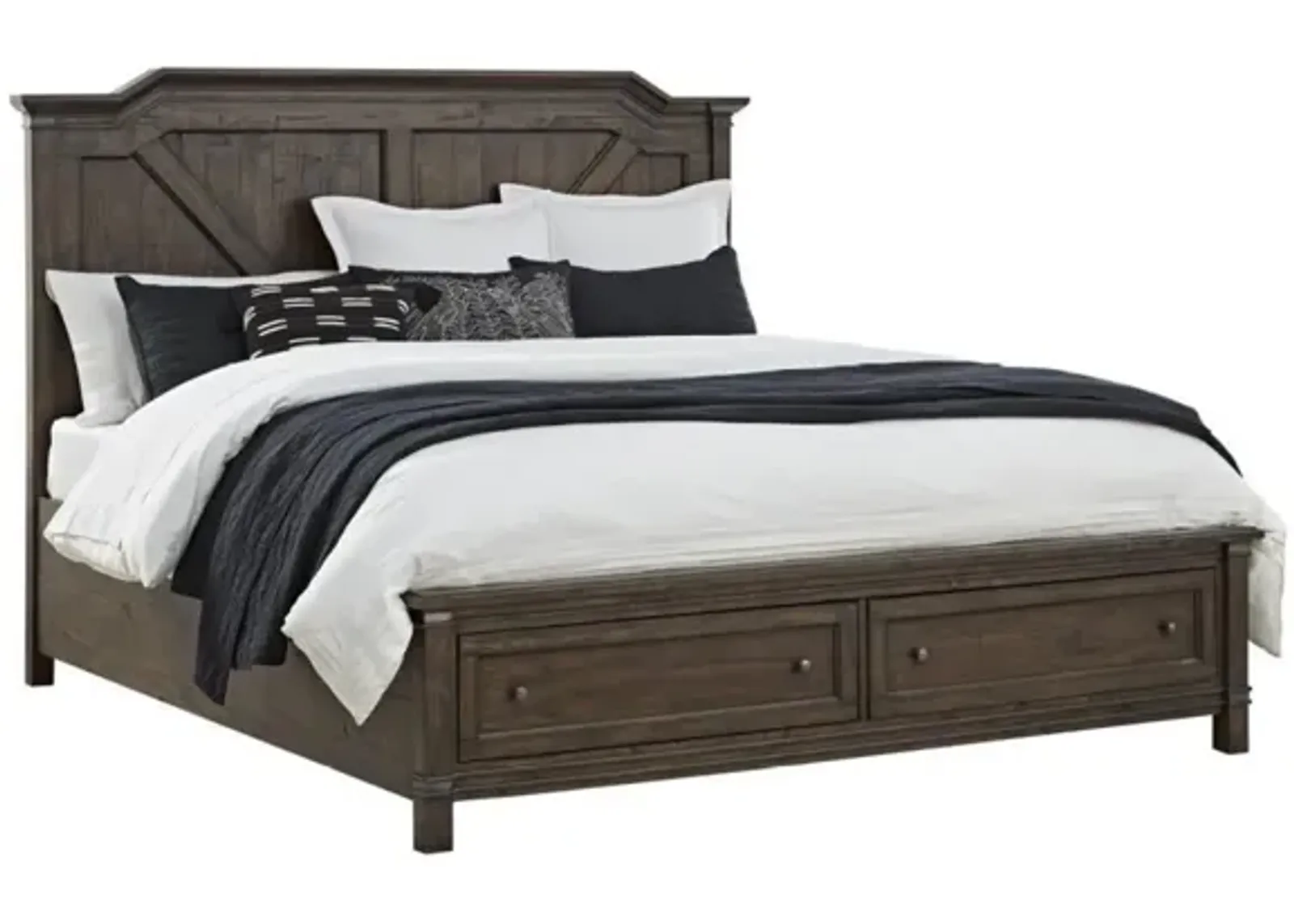 American Woodcrafters Farmwood Whiskey Barrell Queen Storage Bed Dresser Mirror & 1-Drawer Nightstand