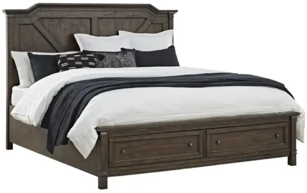 American Woodcrafters Farmwood Whiskey Barrell Queen Storage Bed Dresser Mirror & 1-Drawer Nightstand