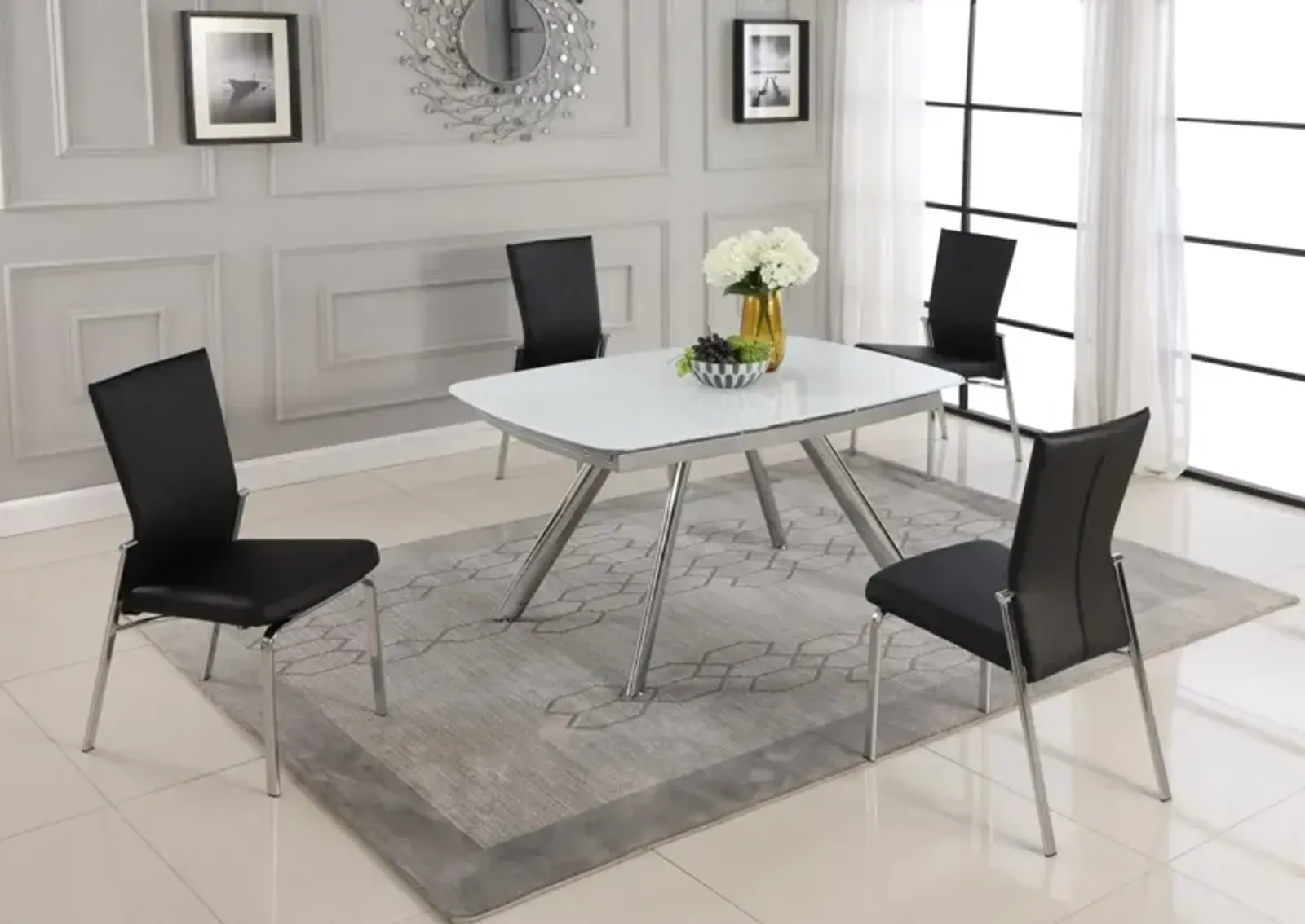 Chintaly Alina Black Contemporary Dining Set with Extendable Starphire Glass Table & 4 Motion Back Side Chairs